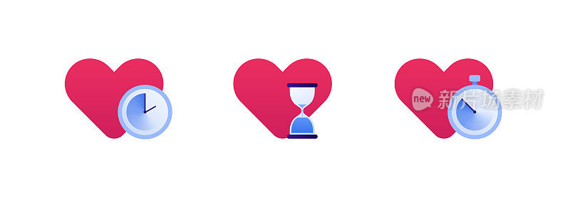 Falling in love, relationship and speed dating concept. Vector flat icon illustration set. Collection of heart love symbol with different clock sign. Timer and hourglass. Design for banner, web, app.